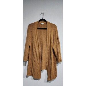 J Jill Sweater Womens M Caramel Long Length Cardigan Open Cable Knit 3/4 Sleeves